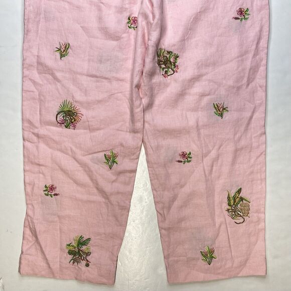 Rosanna Linen Wide Leg Crop Pant 14 (32"Waist) Pink Embroidered Monkeys Tropical - Picture 10 of 12